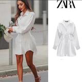 Zara Dresses | Bnwt Zara Satin Effect Shirt Dress | Color: Gray/White | Size: S