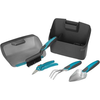 Set attrezzi da giardinaggio: include forbici da giardino, trapiantatore, dissodatore, scopina e
