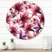 East Urban Home Tropical Red Flowers On White I - Traditional Metal Circle Wall Art Metal in Indigo/Pink | 23 H x 23 W x 1 D in | Wayfair