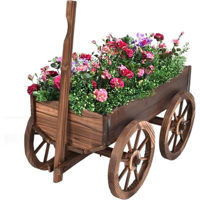 Costway - Blumenwagen Holz, Pflanzwagen mit 4 Raedern, Blumenkarre Pflanztopf Bollerwagen Garten