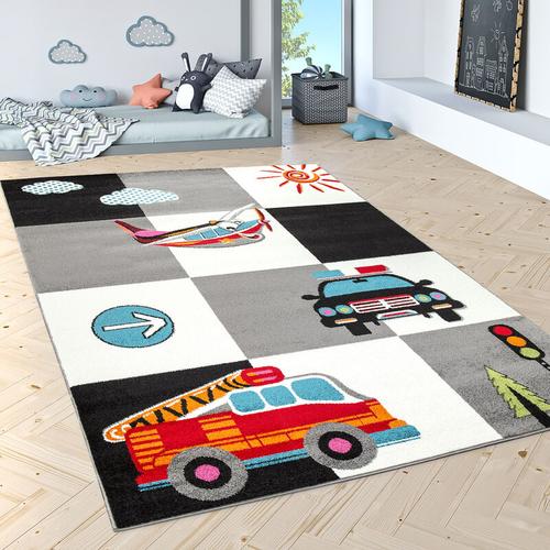 Paco Home - Kinderteppich Spielteppich Polizei Feuerwehr Flugzeug Karo Creme Grau Schwarz 160x220 cm