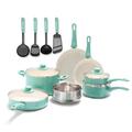 GreenLife Soft Grip Healthy Ceramic Nonstick 15 Piece Kitchen Cookware Pots and Pans Set, Includes Frying Pan Skillets Sauce and Casserole, Induction, PFAS-Free, Oven Safe, Turquoise