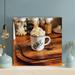 Latitude Run® Ceramic Mug w/ Cream On Brown Wooden Table - 1 Piece Square Graphic Art Print On Wrapped Canvas in White | Wayfair