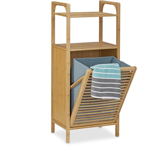 Badregal mit Wäschekorb, HxBxT:95x40x30cm, 2 Ablagen, ausklappbarer Wäschesack, Wäschetruhe 25L,