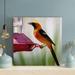 Gracie Oaks Yellow Black & White Bird On Red Bird Feeder - 1 Piece Rectangle Graphic Art Print On Wrapped Canvas in Green/Yellow | Wayfair