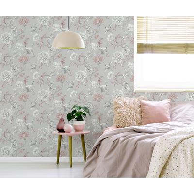 Japanese Floral Crane Grey & Pink Vinyl Wallpaper - 20.8 in. W x 33ft L - Double Roll