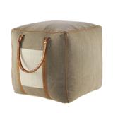 20" Gray and Ivory Faux Leather Handmade Square Pouf Ottoman with Handles