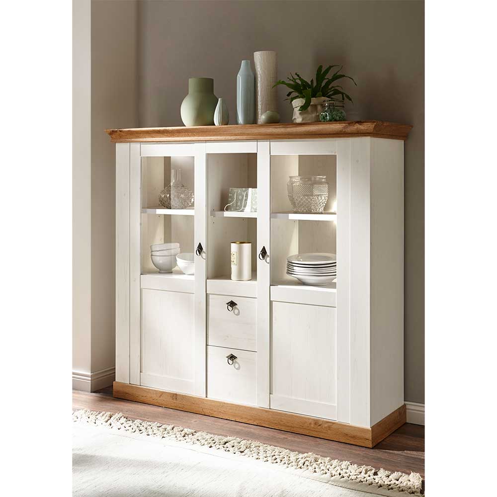 Esszimmer Highboard in Weiß und Wildeiche Dekor Landhausstil