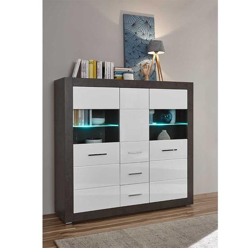 Wohnzimmer Highboard in Weiß Hochglanz und Beton Grau modern