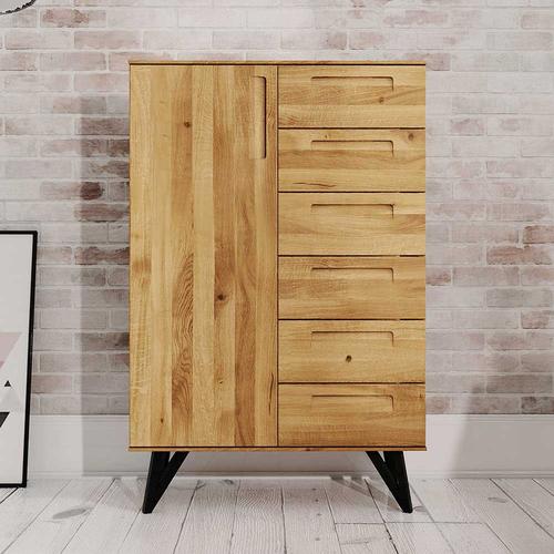 Highboard aus Wildeiche Massivholz und Stahl 140 cm hoch