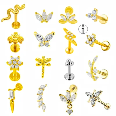 Lightning Internal Thread Labret Piercing Crown Bee Flowers Cartilage Earring Tragus Conch 316L