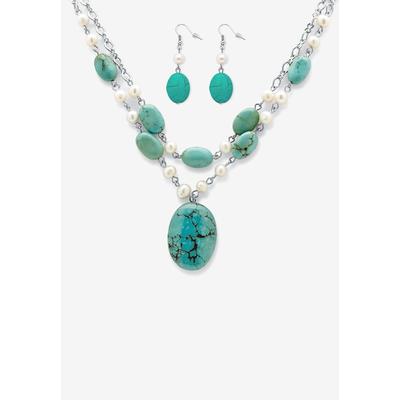 Women's Silver Tone Necklace And Earring Set, Pearl And Turquoise by PalmBeach Jewelry in Pearl Turquoise