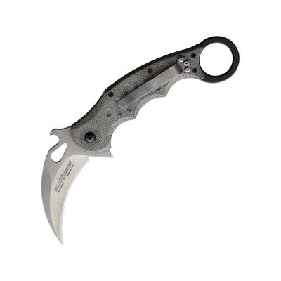 Fox Karambit Linerlock Folding Knife 3in stonewash finish Bohler N690 stainless karambit blade Green linen micarta handle 479MISW