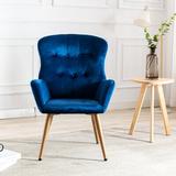 LAFUYSO Accent Chair Modern Tufted Button Wingback Vanity Chair w/ Arms Upholstered Tall Back Desk Chair w/ Metal Legs Wood in Blue/Brown | Wayfair