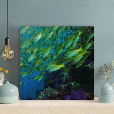 Rosecliff Heights A School Of Yellow Fish Swimming - 1 Piece Square Graphic Art Print On Wrapped Canvas in Blue/Green | 12 H x 12 W x 2 D in | Wayfair