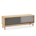 Meuble tv 2 portes coulissantes couleur gris, bois massif, 140 cm