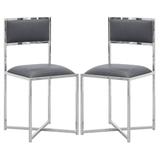 Eun 20 Inch Faux Leather Dining Chair, Chrome Base, Set of 2, Dark Gray