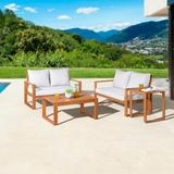 Grafton Eucalyptus Wood Outdoor 4-Piece Set- Two 2-Seat Benches, Coffee Table, and Side Table