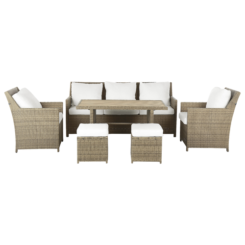 Gartenmöbel Set Polyrattan Braun Textil Weiß inkl. Auflagen 5-Sitzer Lounge Set Tisch Zwei Hocker Sessel Terrasse Outdoor Garten Modern