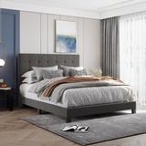 Modern Queen Size Solid Wood Platform Bed with Linen Upholstered Tufted Headboard