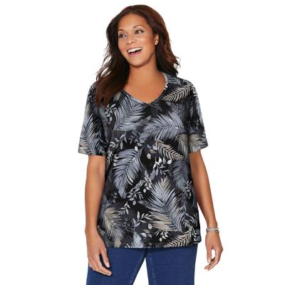 Plus Size Women's Suprema® Short Sleeve V-Neck Tee by Catherines in Black Palm Leaf (Size 1X)