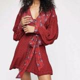 Free People Dresses | - Free People Red Floral Button Front Mini Dress S - | Color: Red/Tan | Size: S