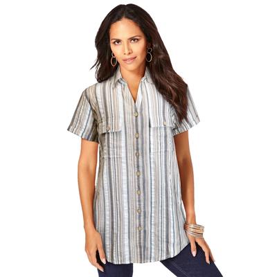Plus Size Women's Seersucker Shirt by Roaman's in Natural Seersucker Stripe (Size 42 W)