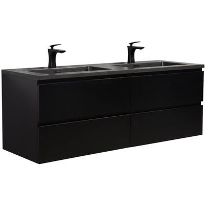 Badezimmer Badmöbel-Set Angela 140 cm - Schwarzes Waschbecken - Mat Schwarz - Unterschrank Schrank