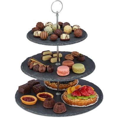 Relaxdays - Etagere, 3 Etagen, Schiefer, Kuchen, Snacks, Obst, Metallgriff, Servierständer, HxD Image