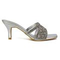 Womens Slip On Kitten Low Heel Sandals Ladies Sparkly Diamante Shoes Size 3-8 Silver