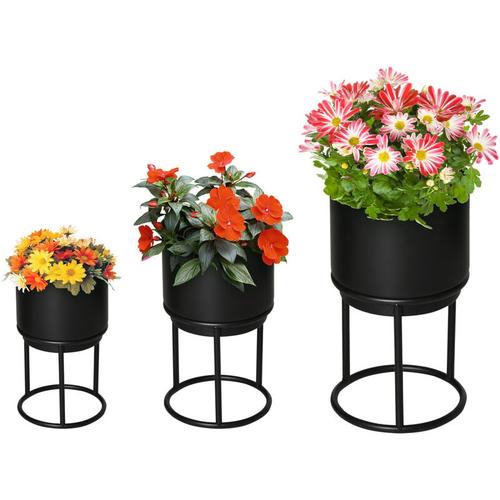 Outsunny - 3er Set Blumenständer mit Blumentopf aus Metall Pflanzenständer Set Blumenhocker