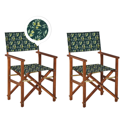 Gartenstühle 2er Set Dunkles Akazienholz mit 4 Wechselbaren Stoffbezügen Cremeweiß und Grün mit Olivenmuster Zusammenklappbar Outdoor Garten