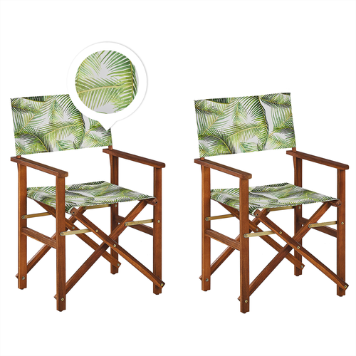 Gartenstühle 2er Set Dunkles Akazienholz mit Wechselbarem Bezug Grau / Hellgrün Zusammenklappbar Palmenmuster Outdoor Gartenzubehör