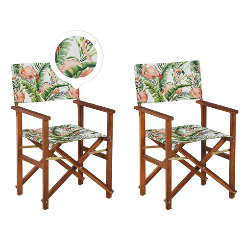 Gartenstühle 2er Set Dunkles Akazienholz mit 4 Wechselbaren Stoffbezügen Grau / Bunt Flamingomuster Zusammenklappbar Outdoor Gartenzubehör