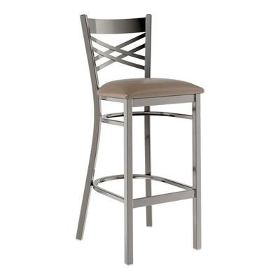 Lancaster Table & Seating Clear Coat Finish Cross Back Bar Stool with 2 1/2" Taupe Vinyl Padded Seat - Detached Seat