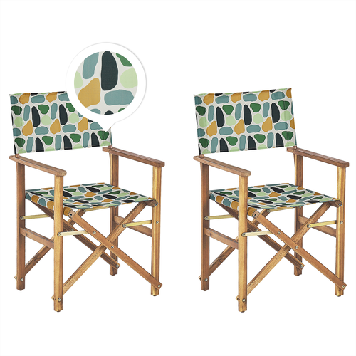 Gartenstühle 2er Set Helles Akazienholz mit Wechselbaren Stoffbezügen Cremeweiß und Bunt Fleckenmotiv Zusammenklappbar Outdoor Gartenzubehör