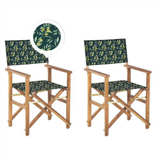 Gartenstühle 2er Set Hellbraunes Akazienholz mit 4 Wechselbaren Stoffbezügen Cremeweiß und Grün mit Olivenmuster Zusammenklappbar Outdoor Garten