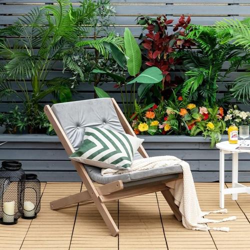 Gartenliege aus Holz, Liegestuhl mit Kissen, Relaxliege klappbar, Strandstuhl grau – Costway