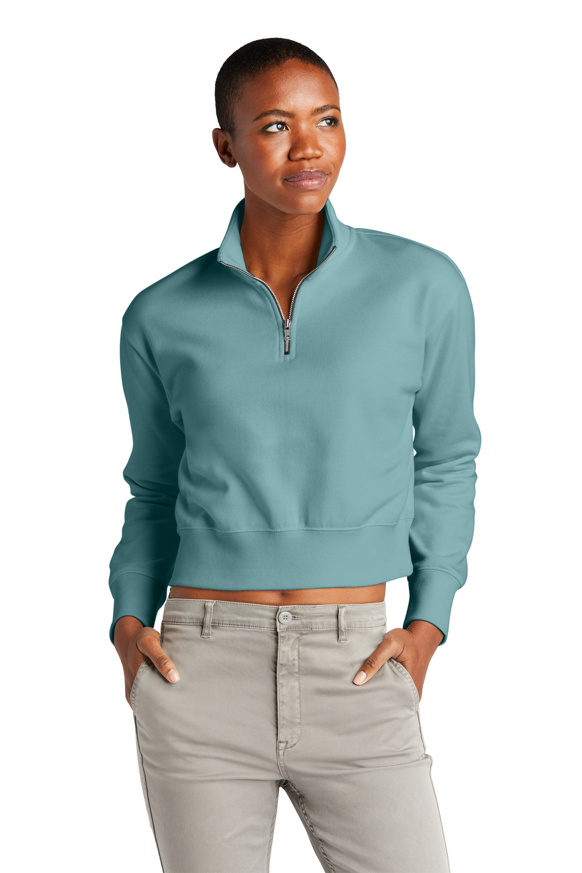 District DT6111 Women's V.I.T. Fleece 1/2-Zip T-Shirt in Eucalyptus Blue size Small | Cotton/Polyester Blend