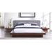 Halper Modern Queen Size Walnut Wooden Bed with Grey Fabric Upholstered Headboard and Two Nightstands