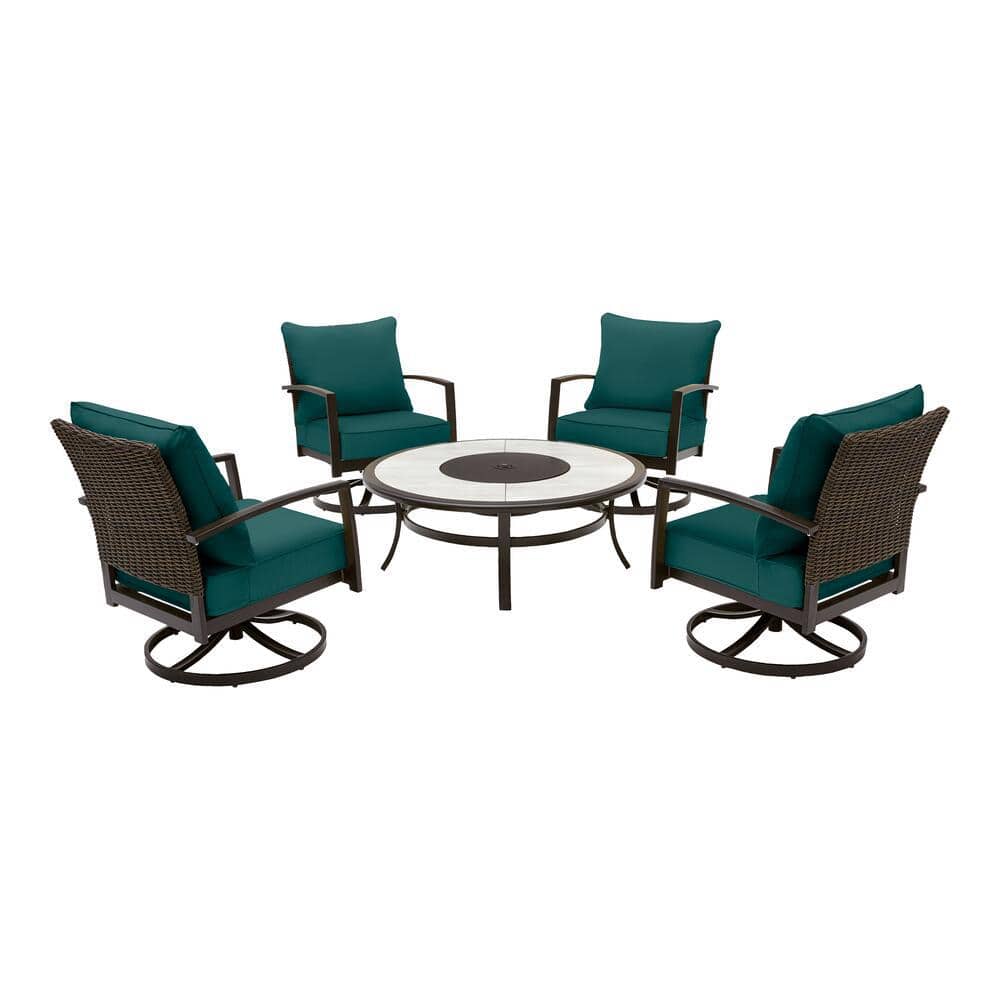 Hampton Bay Whitfield 5-Piece Dark Brown Metal Outdoor Patio Round Fire Pit Seating Set with CushionGuard Malachite Green Cushions