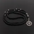 Collier de perles rondes en pierre naturelle noire pour homme classique Long avec boussole