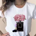 T-shirt à manches courtes pour femmes bouteille de parfum fleurie doux imprimé fille vêtements