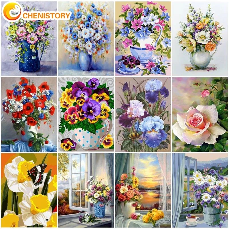 CHENISTORY – Kits de peinture acrylique par numéros pour adultes, fleurs sur toile, décoration murale moderne pour la maison, DIY bricolage