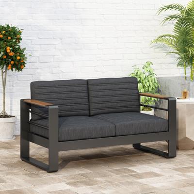 Giovanna Outdoor Black Aluminum Loveseat with Charcoal Cushions by Christopher Knight Home - 56.75" L x 27.50" W x 24.75" H