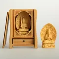 Boîte de prière exquise en bois avec Guan Yin et huit bouddhas statue sculptée en bois Acalanatha