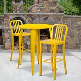 Latitude Run® Drumfane 30" Round Metal Indoor-Outdoor Bar Table Set w/ 2 Vertical Slat Back Stools Metal in Yellow | 30 x 30 x 41 | Wayfair