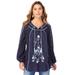 Plus Size Women's Embroidered Boho Tunic by Roaman's in Navy Boho Floral Embroidery (Size 32 W)