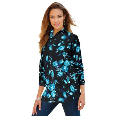 Plus Size Women's Long-Sleeve Kate Big Shirt by Roaman's in Teal Rose Floral (Size 36 W) Button Down Shirt Blouse