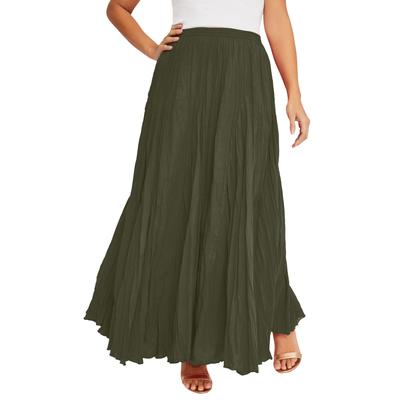 Plus Size Women's Flowing Crinkled Maxi Skirt by Jessica London in Dark Olive Green (Size 16) Elastic Waist 100% Cotton